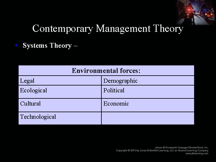 Contemporary Management Theory § Systems Theory – Environmental forces: Legal Demographic Ecological Political Cultural