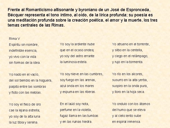 Frente al Romanticismo altisonante y byroniano de un José de Espronceda, Bécquer representa el