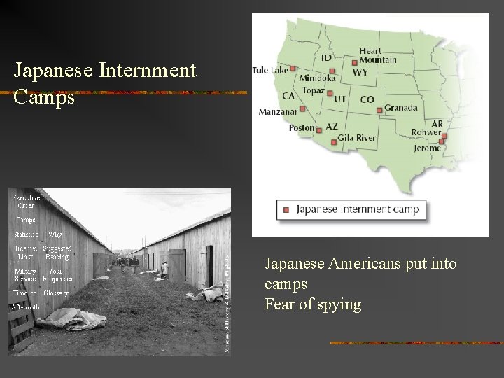 Japanese Internment Camps Japanese Americans put into camps Fear of spying 