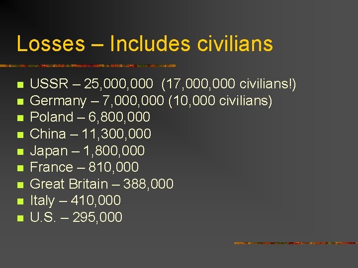 Losses – Includes civilians n n n n n USSR – 25, 000 (17,