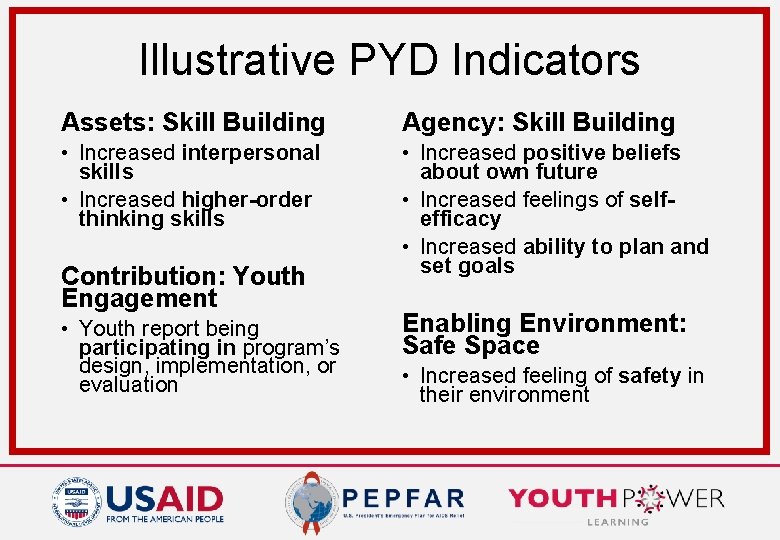Illustrative PYD Indicators Assets: Skill Building Agency: Skill Building • Increased interpersonal skills •
