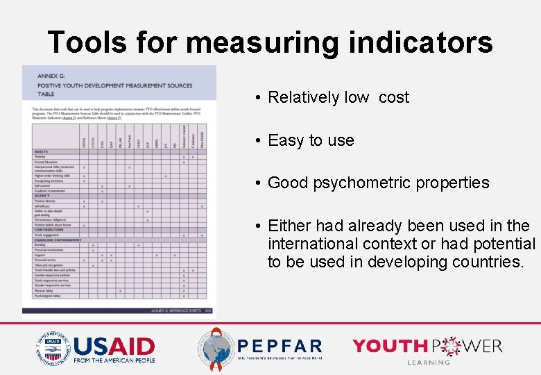 Tools for measuring indicators • Relatively low cost • Easy to use • Good