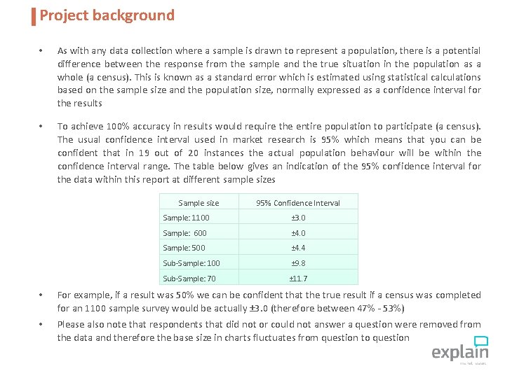 Project background • As with any data collection where a sample is drawn to