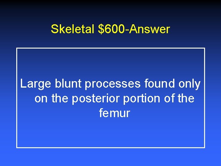 Skeletal $600 -Answer Large blunt processes found only on the posterior portion of the