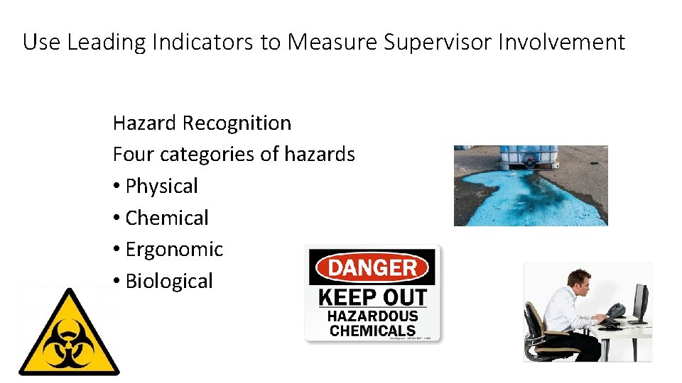 Use Leading Indicators to Measure Supervisor Involvement Hazard Recognition Four categories of hazards •
