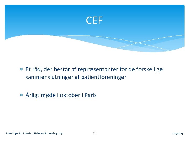 CEF Et råd, der består af repræsentanter for de forskellige sammenslutninger af patientforeninger Årligt