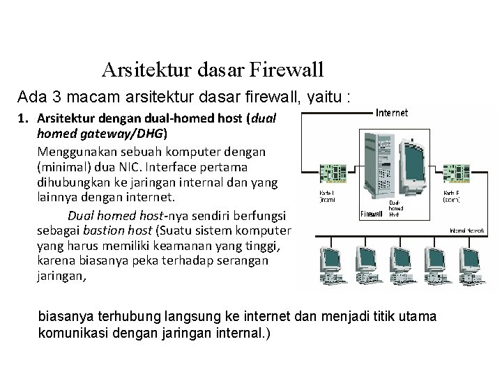 Arsitektur dasar Firewall Ada 3 macam arsitektur dasar firewall, yaitu : 1. Arsitektur dengan