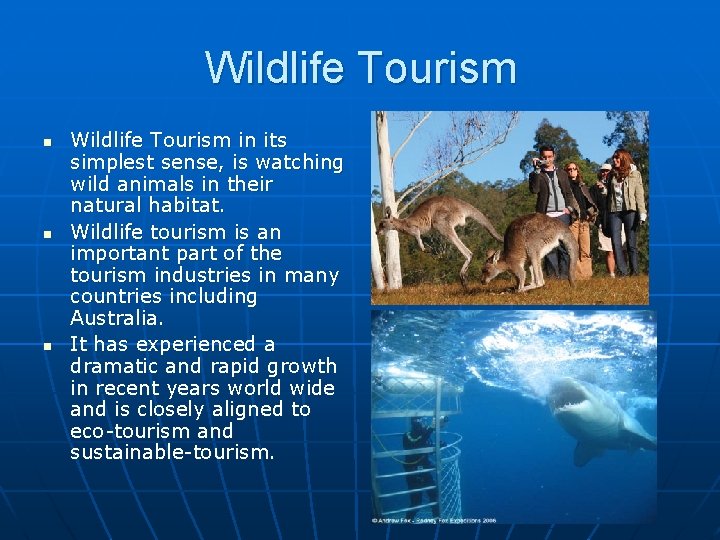 Wildlife Tourism n n n Wildlife Tourism in its simplest sense, is watching wild