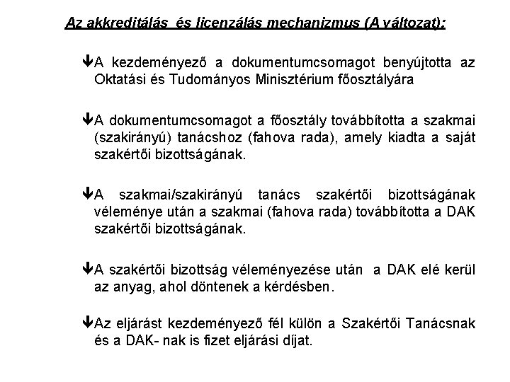 Az akkreditálás és licenzálás mechanizmus (A változat): êA kezdeményező a dokumentumcsomagot benyújtotta az Oktatási