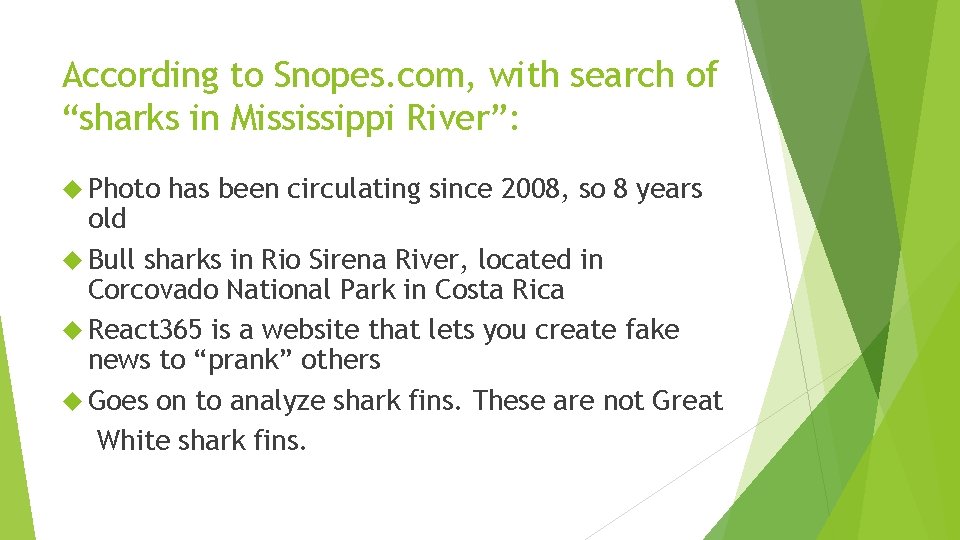 According to Snopes. com, with search of “sharks in Mississippi River”: Photo has been