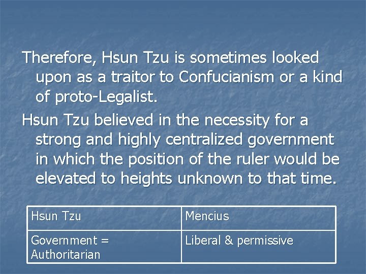 Therefore, Hsun Tzu is sometimes looked upon as a traitor to Confucianism or a