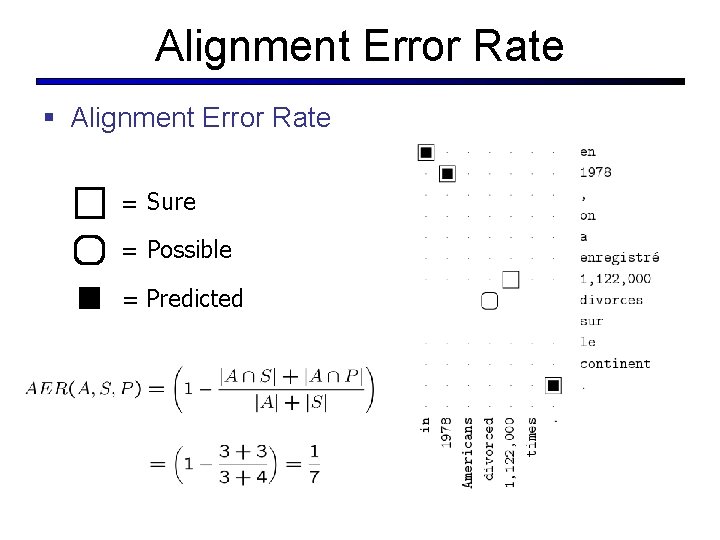 Alignment Error Rate § Alignment Error Rate = Sure align. = Possible align. =