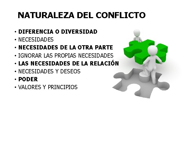 NATURALEZA DEL CONFLICTO • DIFERENCIA O DIVERSIDAD • NECESIDADES DE LA OTRA PARTE •