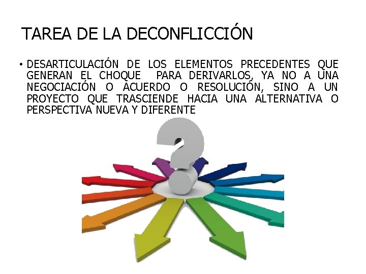 TAREA DE LA DECONFLICCIÓN • DESARTICULACIÓN DE LOS ELEMENTOS PRECEDENTES QUE GENERAN EL CHOQUE