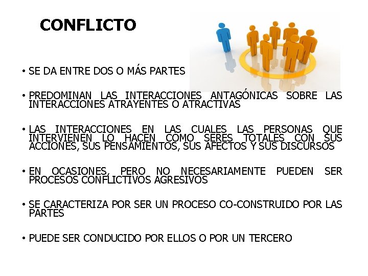 CONFLICTO • SE DA ENTRE DOS O MÁS PARTES • PREDOMINAN LAS INTERACCIONES ANTAGÓNICAS