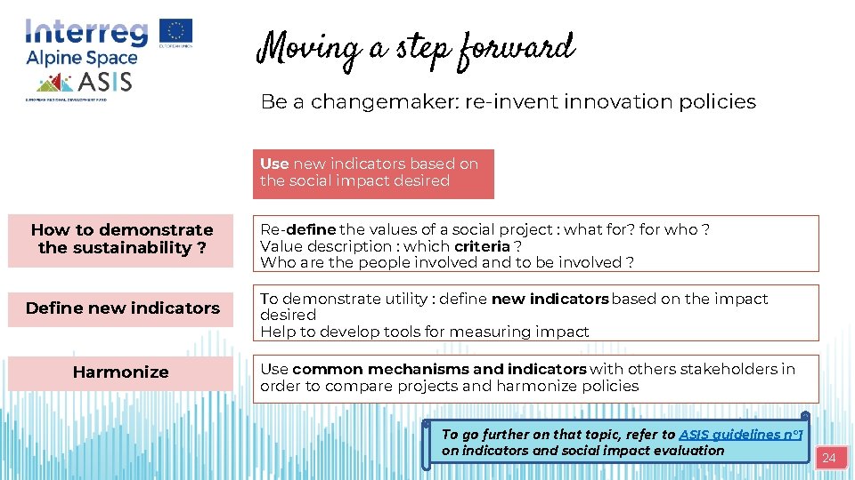 Moving a step forward Be a changemaker: re-invent innovation policies Use new indicators based