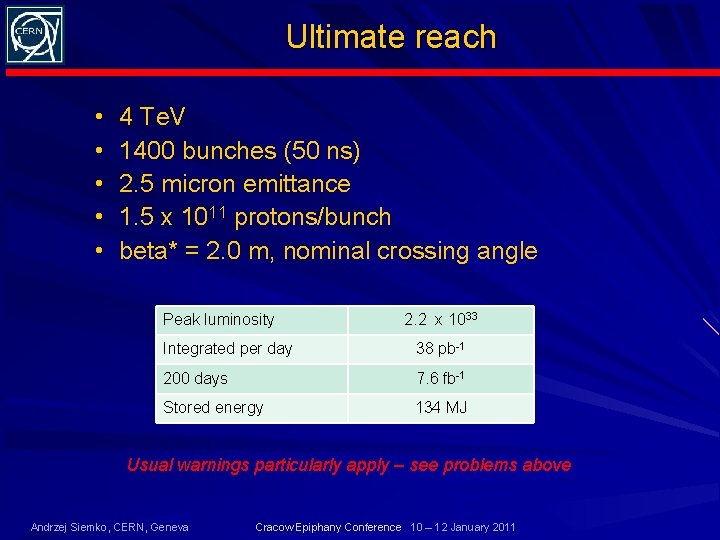 Ultimate reach • • • 4 Te. V 1400 bunches (50 ns) 2. 5