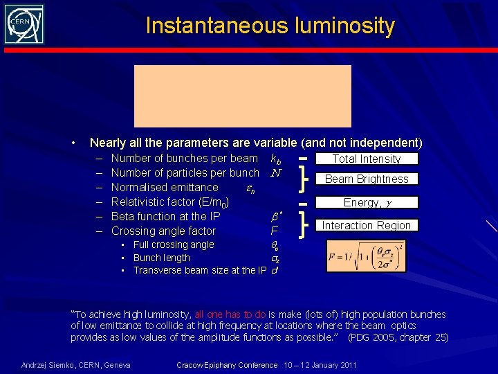 Instantaneous luminosity • Nearly all the parameters are variable (and not independent) – –