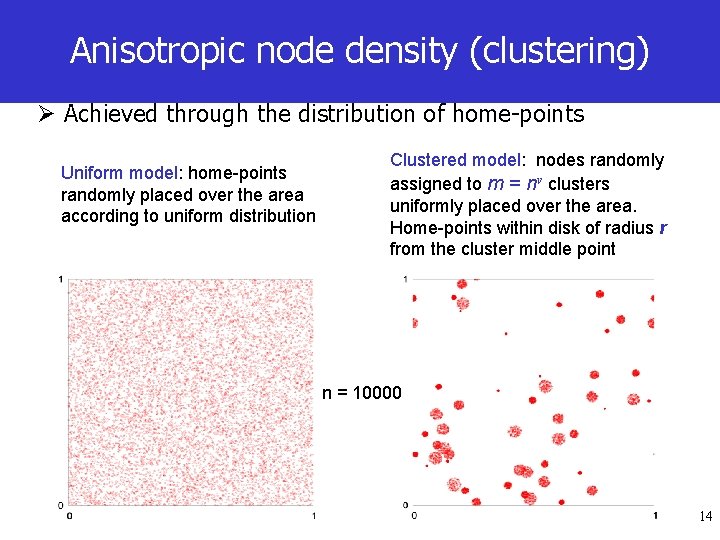 Anisotropic node density (clustering) Ø Achieved through the distribution of home-points Uniform model: home-points