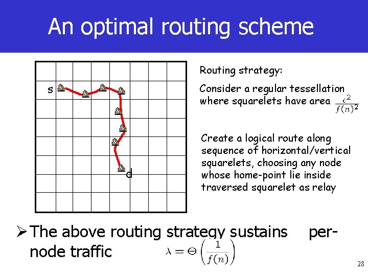 An optimal routing scheme Routing strategy: s Consider a regular tessellation where squarelets have