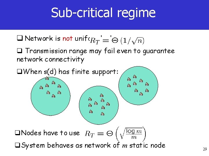 Sub-critical regime q Network is not uniformly dense q Transmission range may fail even