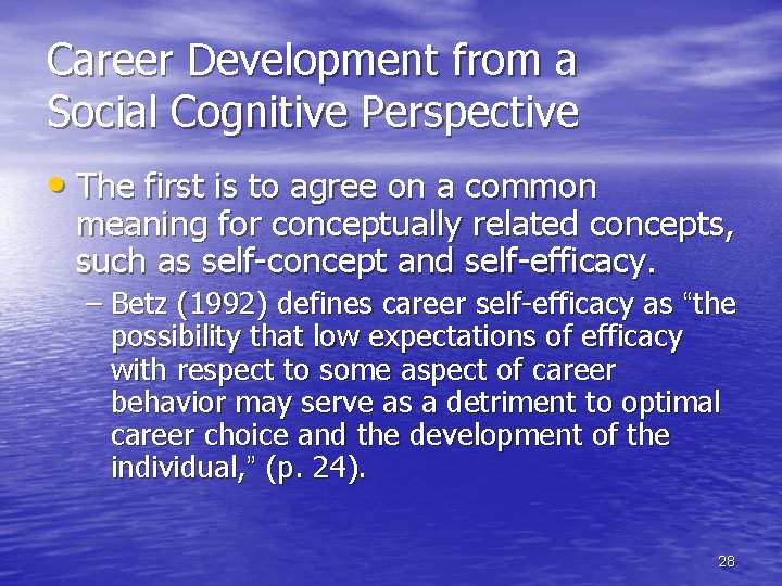 Career Development from a Social Cognitive Perspective • The first is to agree on