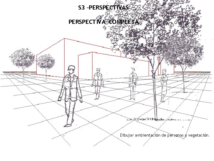 S 3 –PERSPECTIVAS PERSPECTIVA COMPLETA Dibujar ambientación de personas y vegetación. 