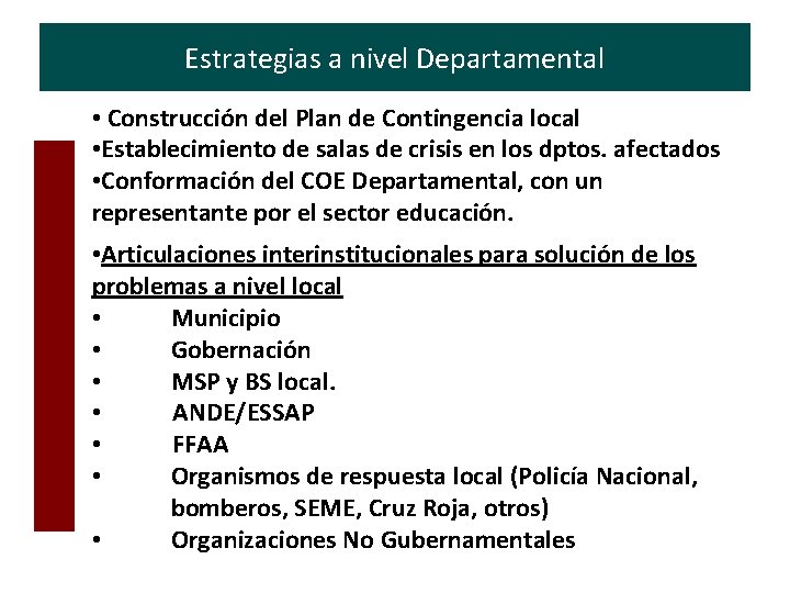 Estrategias a nivel Departamental • Construcción del Plan de Contingencia local • Establecimiento de