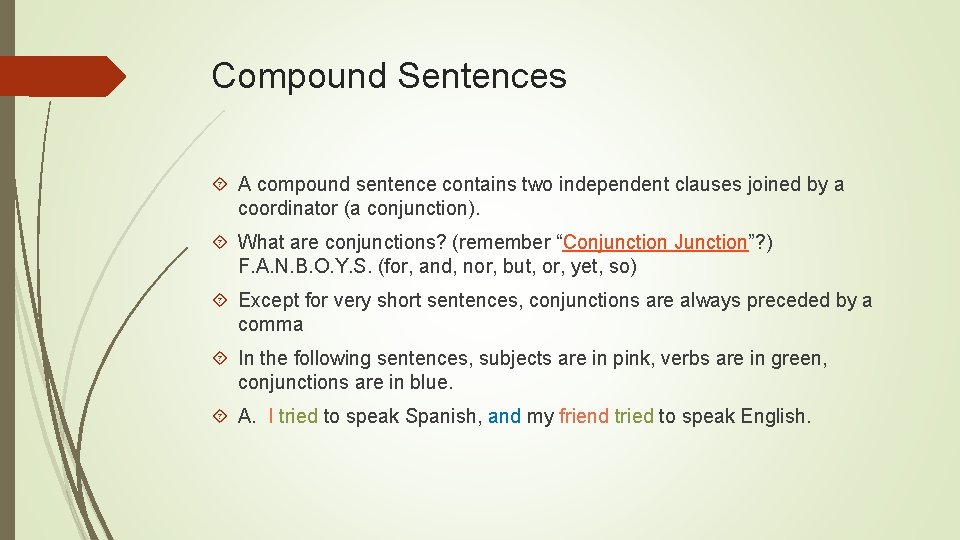 Compound Sentences A compound sentence contains two independent clauses joined by a coordinator (a