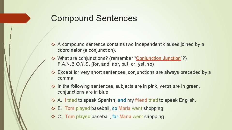 Compound Sentences A compound sentence contains two independent clauses joined by a coordinator (a