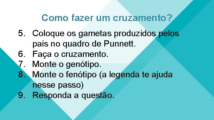 Como fazer um cruzamento? 5. Coloque os gametas produzidos pelos pais no quadro de