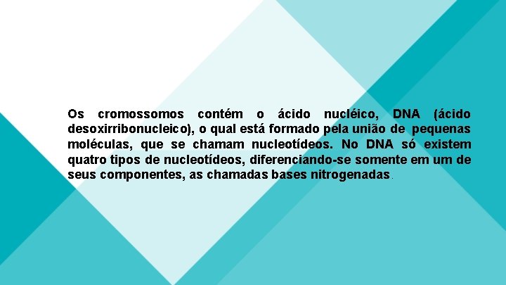 Os cromossomos contém o ácido nucléico, DNA (ácido desoxirribonucleico), o qual está formado pela