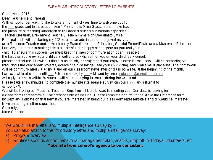 EXEMPLAR INTRODUCTORY LETTER TO PARENTS September, 2015 Dear Teachers and Parents, With school under