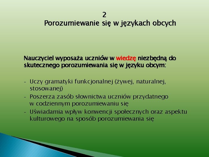 2 Porozumiewanie się w językach obcych Nauczyciel wyposaża uczniów w wiedzę niezbędną do skutecznego