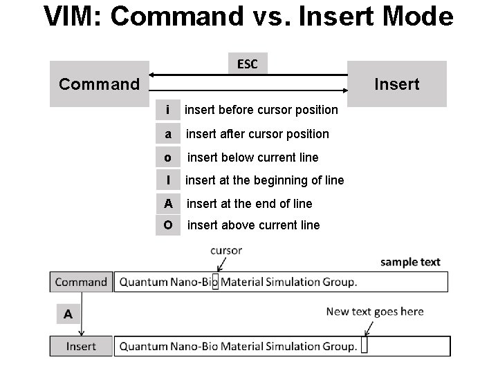 VIM: Command vs. Insert Mode ESC Command Insert i insert before cursor position a