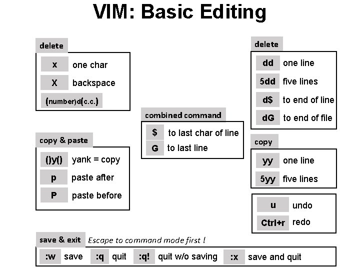 VIM: Basic Editing delete x one char dd X backspace 5 dd five lines