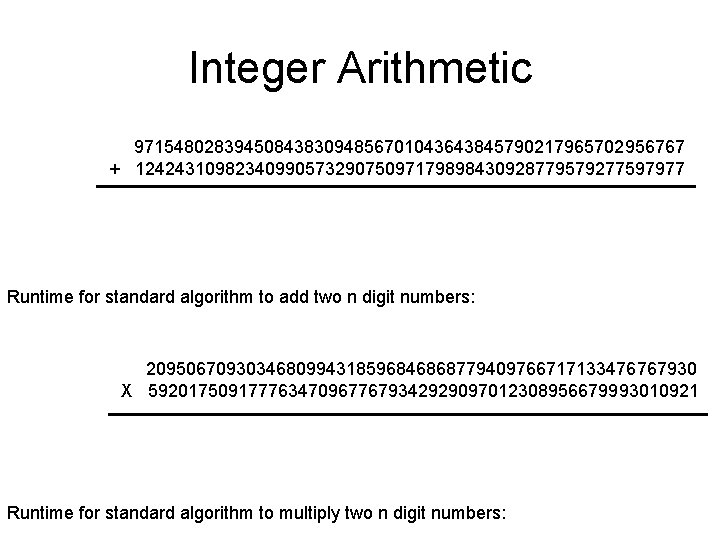 Integer Arithmetic 9715480283945084383094856701043643845790217965702956767 + 1242431098234099057329075097179898430928779579277597977 Runtime for standard algorithm to add two n digit