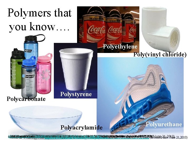 Polymers that you know…. Polyethylene Poly(vinyl chloride) Polycarbonate Polystyrene Polyacrylamide Polyurethane earth 911. comhttp: