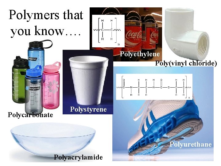 Polymers that you know…. Polyethylene Poly(vinyl chloride) Polycarbonate Polystyrene Polyurethane Polystyrene Polyacrylamide 
