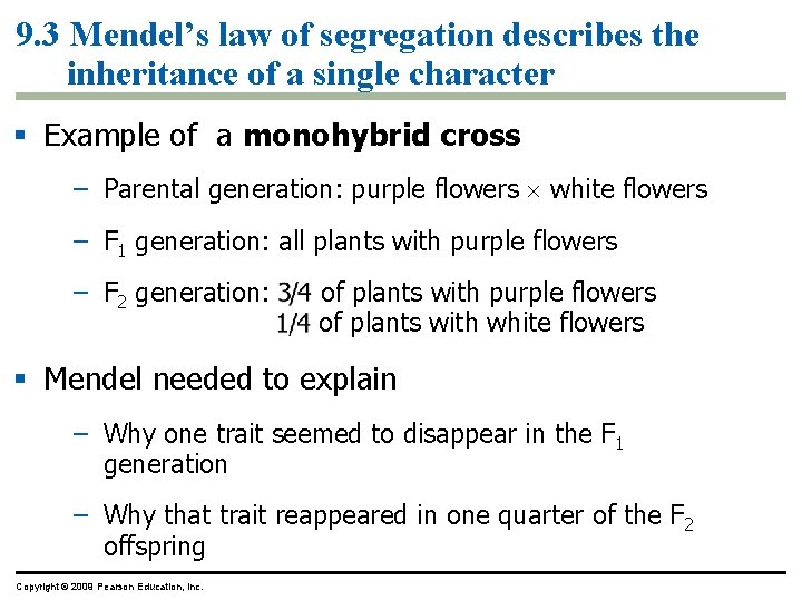 9. 3 Mendel’s law of segregation describes the inheritance of a single character Example