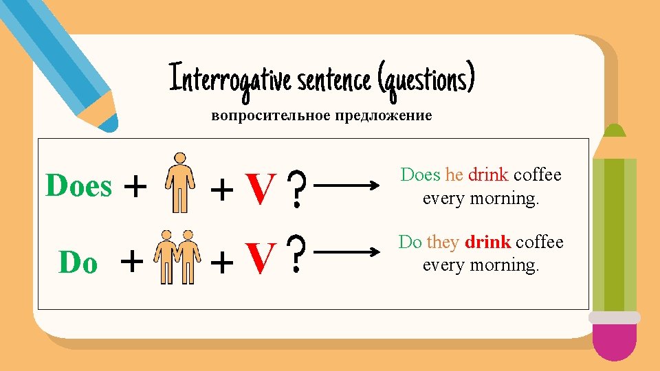 Interrogative sentence (questions) вопросительное предложение Does Do V Does he drink coffee every morning. Interrogative sentence (questions) вопросительное предложение Does Do V Does he drink coffee every morning.