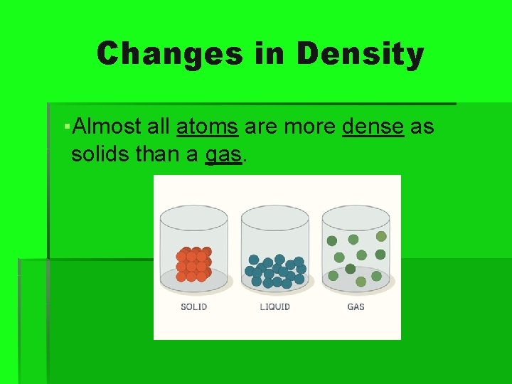 Changes in Density ▪Almost all atoms are more dense as solids than a gas.