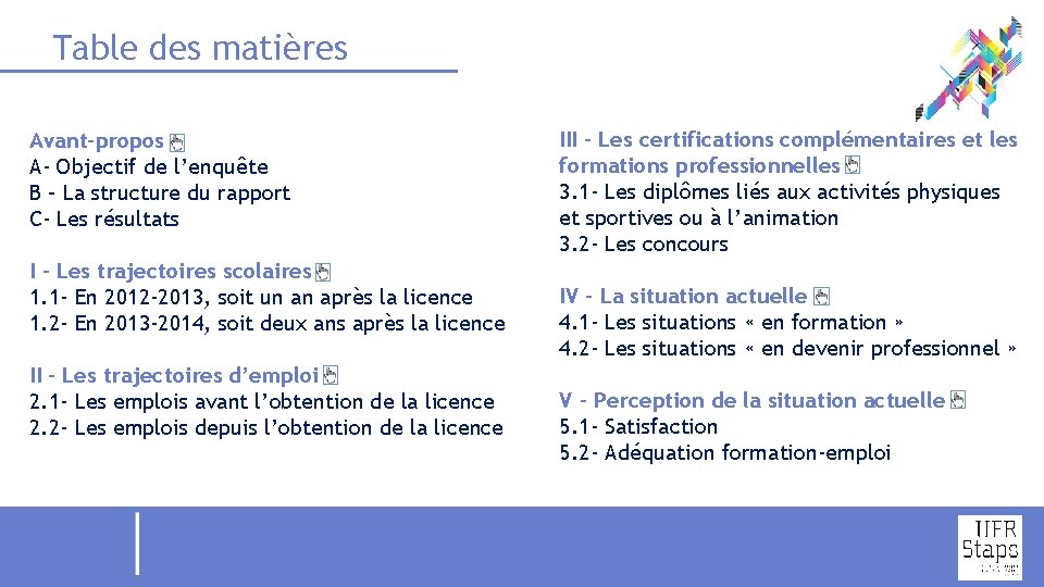 Table des matières Avant-propos A- Objectif de l’enquête B – La structure du rapport