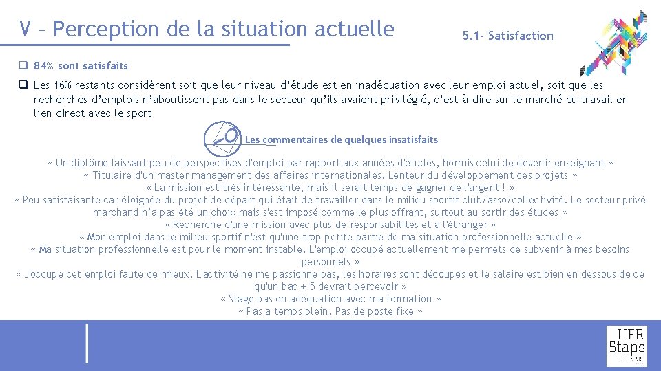 V – Perception de la situation actuelle 5. 1 - Satisfaction q 84% sont