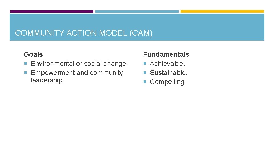 COMMUNITY ACTION MODEL (CAM) Goals Environmental or social change. Empowerment and community leadership. Fundamentals