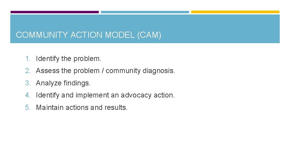 COMMUNITY ACTION MODEL (CAM) 1. Identify the problem. 2. Assess the problem / community