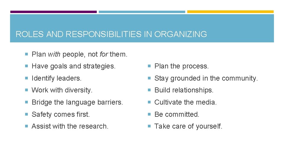 ROLES AND RESPONSIBILITIES IN ORGANIZING Plan with people, not for them. Have goals and