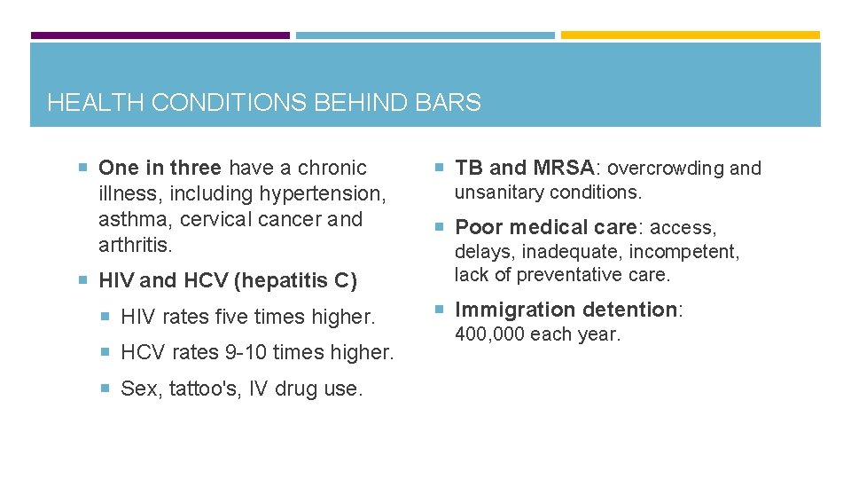 HEALTH CONDITIONS BEHIND BARS One in three have a chronic illness, including hypertension, asthma,