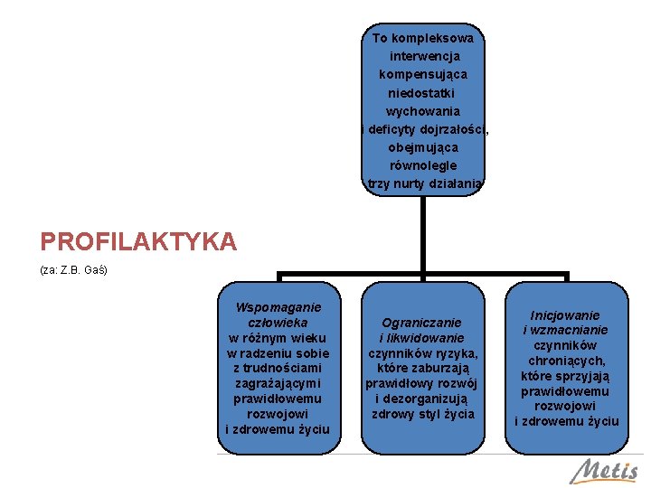 To kompleksowa interwencja kompensująca niedostatki wychowania i deficyty dojrzałości, obejmująca równolegle trzy nurty działania