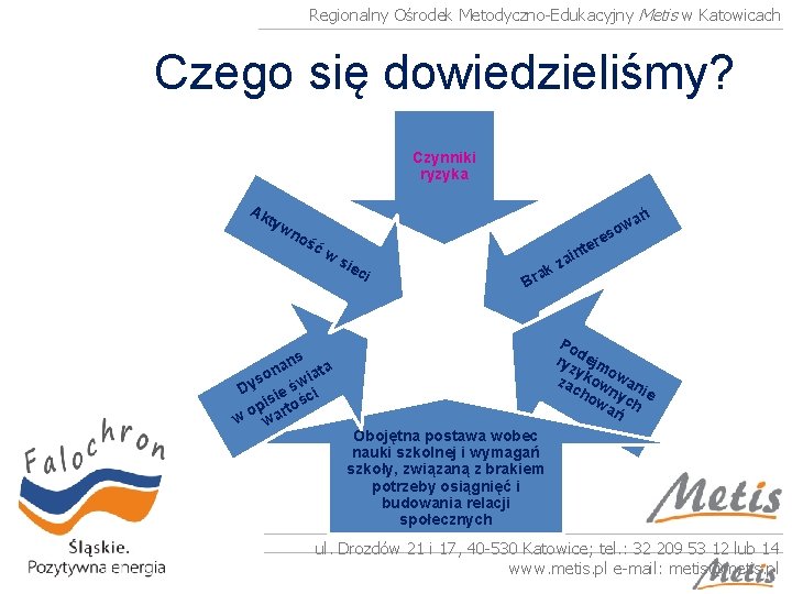 Regionalny Ośrodek Metodyczno-Edukacyjny Metis w Katowicach Czego się dowiedzieliśmy? Czynniki ryzyka Ak tyw ań